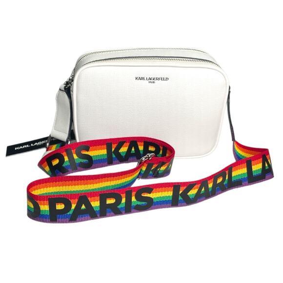 Karl Lagerfeld Maybelle Pebble Leather Pride Strap Purse White Rainbow - Picture 7 of 7